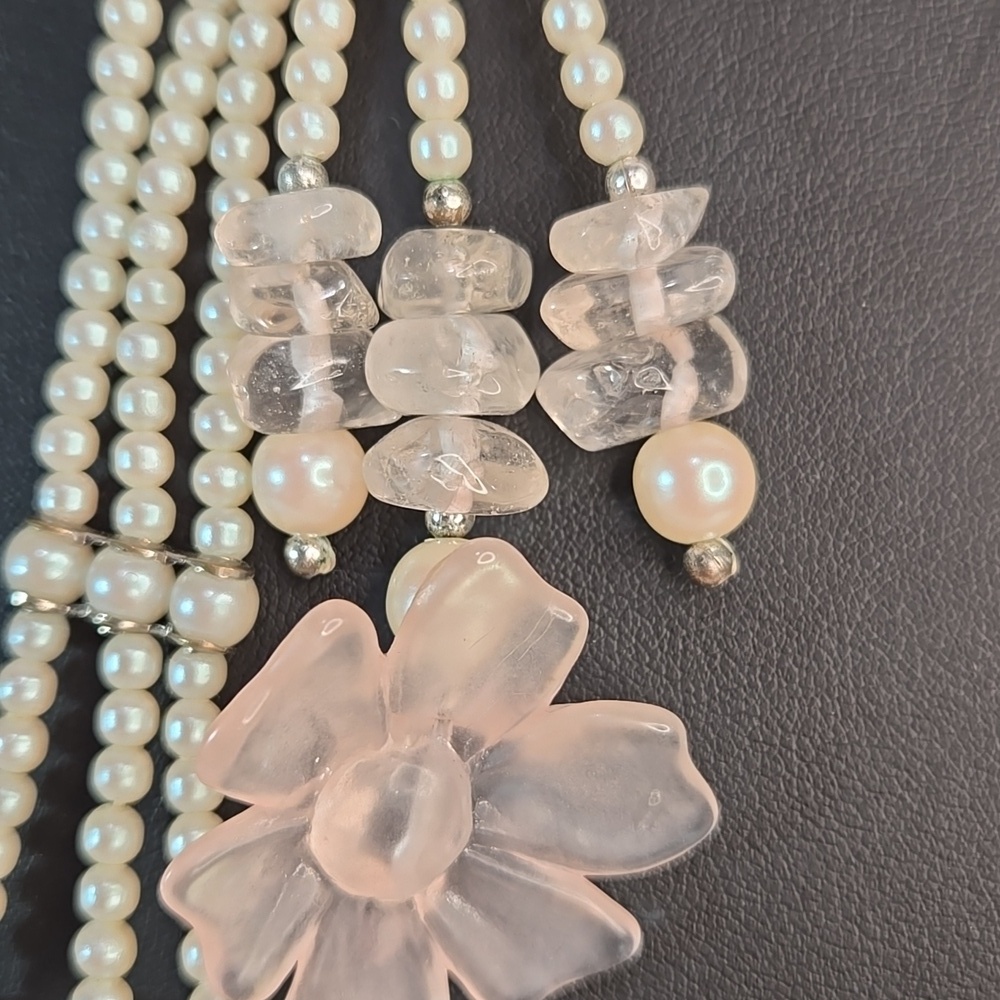 Classic Rose Quartz Stones Pearl Lariat Floral Necklace Earrings Triple Strand - Picture 7 of 15